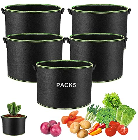 Lot de 5 pots de fleurs Uhat en tissu non tissé avec sangles de poignées pour intérieur et jardin 1 Gallons (18D*15H) Bordure verte.