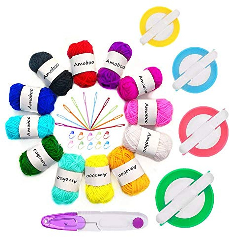 Pompon Maker,4 taglie Fluff Ball Weaver Needle PomPom Maker Set-Fai da te Pompoms Artigianato Doll Making Kit Contiene 12 pezzi di filato + 10 pennarelli per punti maglia + 10 aghi in plastica (37)