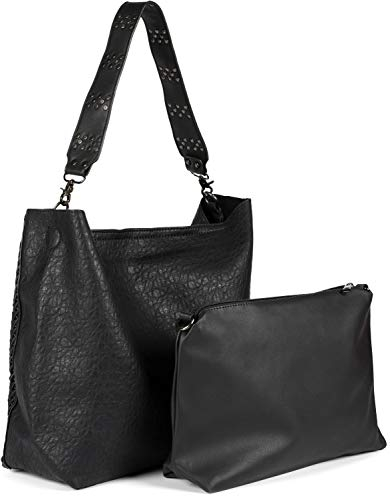 styleBREAKER Damen 2 in 1 Umhängetasche mit Nietengurt, geprägtes Kunstleder Vintage Look, Innentasche Schultertasche 02012356, Farbe:Schwarz