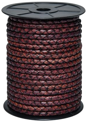 Cords Essentials Round Braided Genuine Leather String Bolo Cord, Rope for Jewelry Making, Necklaces, Bracelets, Wraps, Crafts and Hobby Projects (Distressed Red Brown, 5 MM 5.46 Yards = 5 MTR Spool)