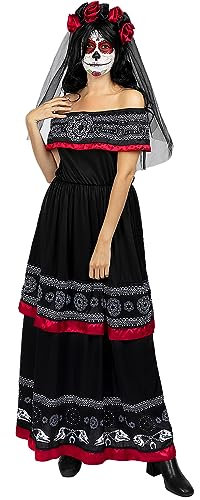 Funidelia Déguisement de Catrina pour femme avec serre-tête à fleurs et voile, Costume de Jour des Morts pour adultes, Déguisements de Carnaval, Halloween et Fêtes – Taille L