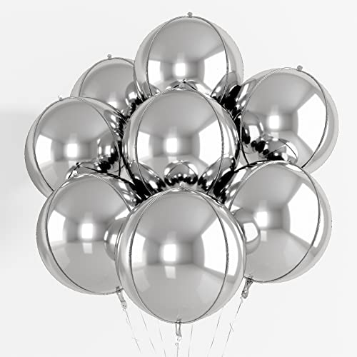 Palloncini d'argento 8 pezzi, 52 pollici 4D metallizzati in lamina d'argento palloncini, grandi palloncini rotondi in argento mylar, palloncini in lamina a sfera 4D a 360 gradi per compleanno