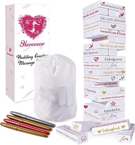 Herenear Holzturm als Gästebuch Hochzeit, 57 PCS Gästebuch Bilderrahmen Hochzeit, Hochzeit Gästebuch Kreativität, Hochzeitsbuch Holz Hochzeitsspiele Jahrestag Geschenk und 4 Metallic Markern (Weiß)
