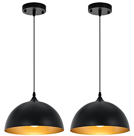SESIMENT Farmhouse Pendant Lighting for Kitchen Island,Black and Gold Dome Pendant Light Fixtures, Industrial Hanging Ceiling Light for Dining Room Foyer Cafe Kitchen Sink,2 Pack