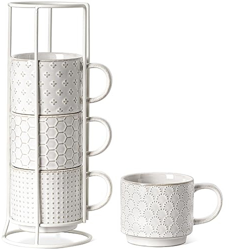 LE TAUCI Lot de 4 tasses à café empilables avec support - Tasses à expresso en céramique pour Au lait, cappuccino, latte, café, moka, thé - Pour pendaison de crémaillère et mariage - Blanc arctique