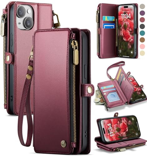 Defencase Compatible with iPhone 14 Case Wallet with RFID Blocking Card Holder for Women and Men, Fashion PU Leather Magnetic Snap Flip Zipper Strap Wallet Phone Case Fit for iPhone 14 6.1, Wine Red