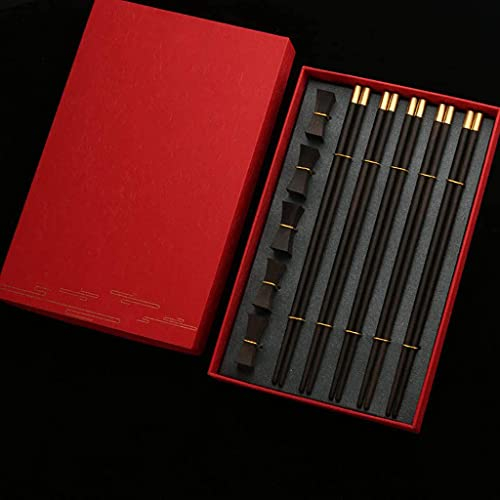FAMMIX Juego de palillos de madera de ébano natural con caja de regalo, palillos redondos de madera negra, reutilizables, aptos para lavavajillas, palillos japoneses coreanos de sushi para restaurante