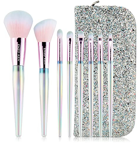 ENZO KEN Ensemble de Pinceaux de Maquillage Colorés Arc-en-ciel Professionnel avec Sac, Set de Maquillage de Pinceaux Cosmétiques Éblouissants Végétaliens, Poignée en Cristal Scintillant.