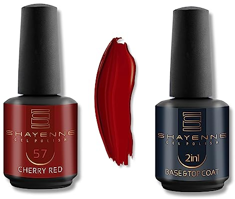 Shayenne 2er Set UV Gel Nagellack 57 Cherry Red Rot 15ml + 2in1 Base Coat und Top Coat 15 ml UV LED Lampe Unterlack mit Überlack Nagel Lack Gellack Nagelgel Shellac (30 ml)