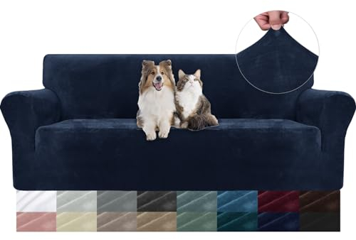 YSTELLAA Samt Sofa Überzug 3 Sitzer, Stretch Sofabezug, Sofaschoner rutschfest, Elastischer Couch Überzug, Sofa Cover Mit Armlehnen, Couchüberzüge Sofaschutz Katze, Dunkel Blau
