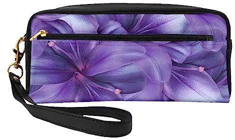 Petit sac de maquillage en cuir papillon violet sac cosmétique sac à main voyage maquillage poche à fermeture éclair pour femmes, Fleurs de lys violettes, Makeup Bag