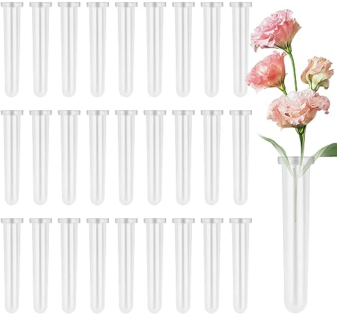 RobLuX 28 Stück WasserröHrchen für Blumen Groß Transparent Blumenröhrchen Kunststoff 11*2,2 CM Orchideenröhrchen Blumen mit Kappen Reagenzgläser Vase für Blumenarrangements Blumen Pflanzen Dekoration