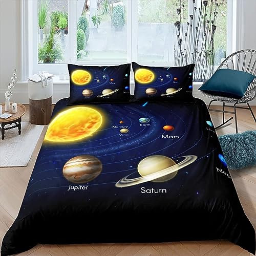 Planètes Housse de Couette 200x200cm Galaxy Space housse de couette pour Enfants Garçons et Filles Cosmic Ensemble de Literie Education Planet Orbit Decoration Parure de Lit Système Solaire literie