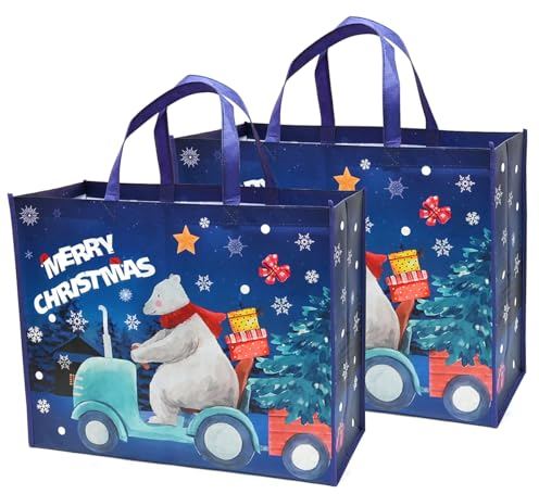 DOJoykey Extra große Weihnachtstüten, Weihnachtstragetaschen mit Griff, Weihnachtstüten aus Vliesstoff, wiederverwendbare Einkaufstüten, Einkaufstüten für Weihnachtsfeiern, 20 x 16 x 7 Zoll