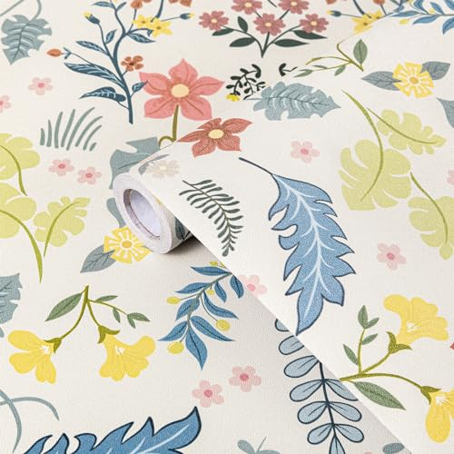 Fantasnight Klebefolie Möbel Weiß 44 x 300cm, Blumen Motive Selbstklebende Tapete Abnehmbar, Matt Wandtapete Vintage Bunt Floral Folie Für den Einsatz im Wohnzimmer Schlafzimmer Wand