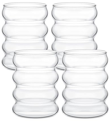 Vasos de Vidrio Acanalados con Pajitas, Vasos de Bebidas con Forma de Onda con Pajitas, Vasos de Vidrio con Burbujas en Forma de Onda, Vasos Ondulados, Vasos de Café Helado, Vasos de Cóctel(#3)