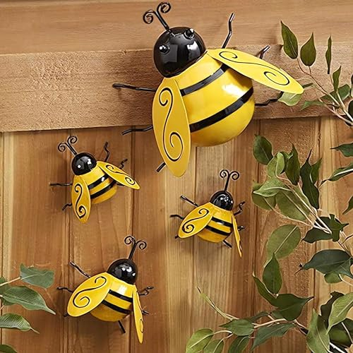 OhhGo 4pcs Metal Bumble Bee Garden Decorations 3D Iron Art Bee Wall Decor Garden Ornaments Outdoor Lawn/Bar/Bedroom/Living Room/Shop Wall Hanging Bumble Bee Decor