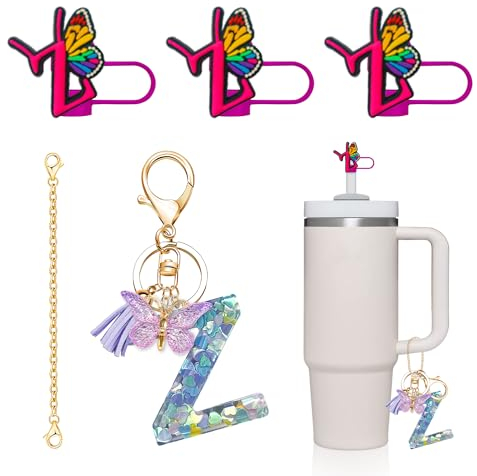 DMLNN Straw Cover for Stanley Cup, 3Pcs Butterfly Initial Letter Straw Cover with Initial letter Keychains for Women, Cute Silicone Straw Covers for Stanley Cups 30&40 Oz - Cyan (Letter Z)