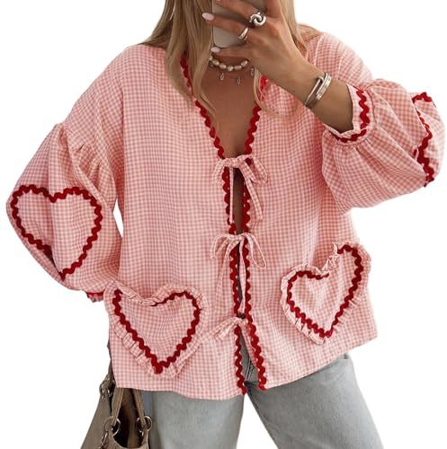 Yimoon Chemisier à lacets Y2K à manches bouffantes 3/4 péplum à carreaux vichy avec lacets à nouer sur le devant pour sortir chemise à volants Kawaii, rose, Taille L