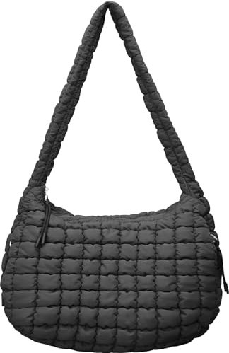 Große Puffer-Tragetasche für Damen, gesteppte Umhängetasche, Hobo, gesteppte Tragetasche, Umhängetasche, Handtasche, Puff-Geldbörse, Schwarz, Large, Leichtgewichtig