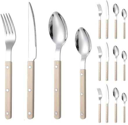 Rivetto ABS Morsetto Maniglia Cucina Acciaio Inossidabile Posate Stoviglie Posate Set Coltello Da Bistecca Forchetta Cucchiaio Cucchiaino Stoviglie Occidentali Set (Beige,16 pezzi)