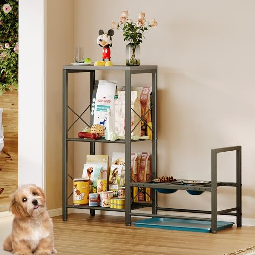 Homeiju Elevated Dog Feeding Station, Adjustable Stand with Tray, Food and Water Bowl Holder, Storage Organizer for Medium Small Dogs (Grey)