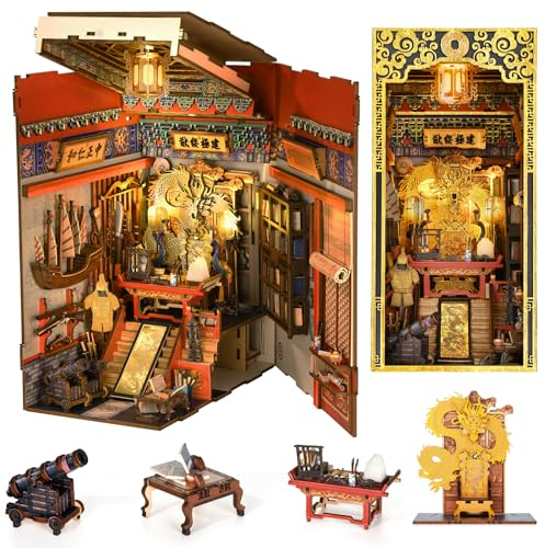 Minicity Book Nook Kit DIY Miniature Maison de Poupée Booknook Kit, Puzzle en Bois 3D Serre-Livres Bibliothèque Décoration avec LED pour Adolescents et Adultes (The Emperor's Study)
