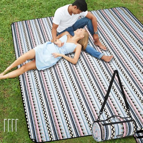 WICKERLAND Picknickdecken Extra Groß für Draußen - Stranddecke Wasserdicht Sanddicht mit Schultergurt, Maschinenwaschbar, Picknickmatte mit Heringen für Gras Konzert, Park.BohoGeometrie