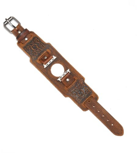 DPGOLDP Wikinger Leder Uhr Band Geprägte Nordisch Symbol Kompatibel mit Apple Uhr 44mm 42mm 40mm 38mm Retro Armbänder für Herren Damen Geschenk,Odins horn brown,42/44mm