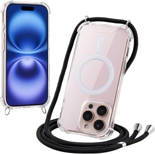JProtect für iPhone 16 Pro Hülle mit Band und MagSafe – Magnetische Handykette für iPhone 16 Pro Magnet – Durchsichtige Umhängehülle Band Schwarz – Kette Handyhülle für MagSafe Zubehör