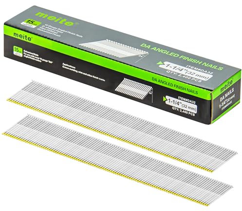 meite Type 15G / 32 mm Angled Finish Nails, 15 Gauge 34 Degree Galvanised D Head Angled Finishing Nails for Nail Guns - Ideal for Woodworking, Upholstery, and Framing Projects (2,400 Counts)