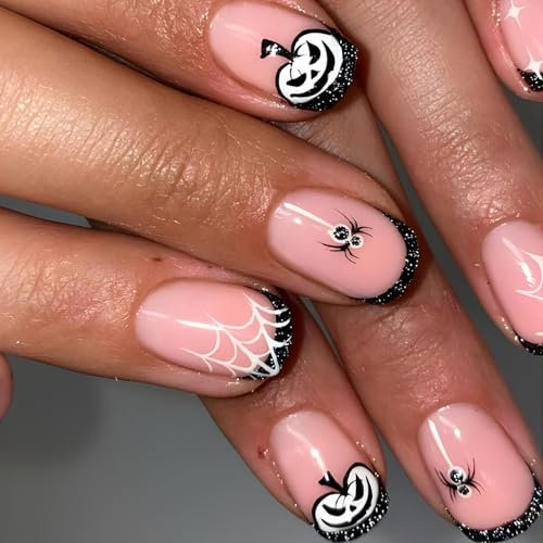 DMQ Halloween French Press on Nails - 24pcs Square Fake Nails with Cute Little Pumpkin Spider, Black Glitter, DIY