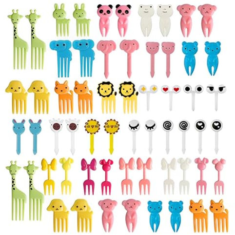 WeddHuis 60 Piezas Tenedores de Frutas con Formas de Animales, Palillos de Plástico Reutilizables para Aperitivos, Pinchos para Frutas, Decoración de Fiestas, Cumpleaños y Meriendas