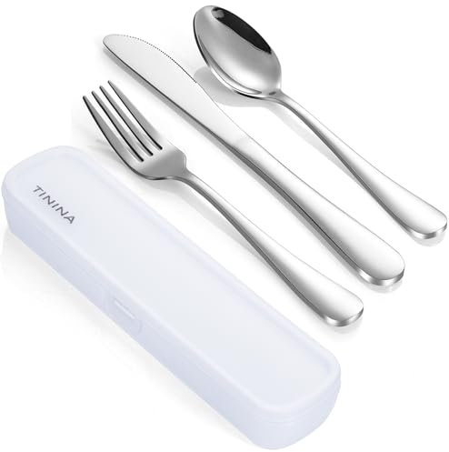 Couverts Lunch Box de Camping, Ensemble de Couverts Portatifs en Acier Inoxydable, étui Renforcé avec Boucle, Couvert de Voyage, Le Travail et l'école, Lavable au Lave-Vaisselle, Argenté