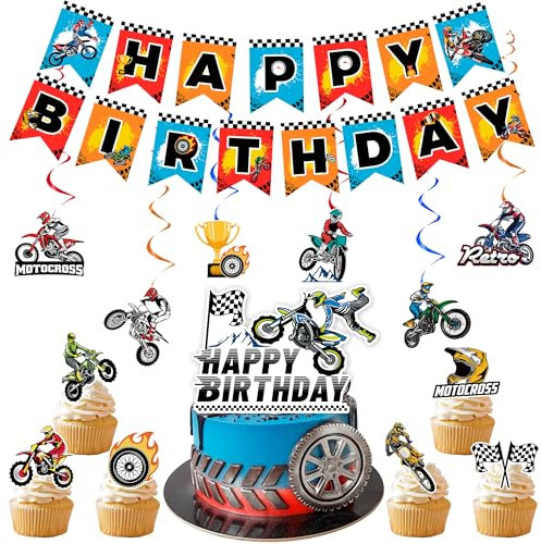 Motorrad Geburtstagsdeko Set, 20Pcs Motorrad Geburtstagsbanner Cake Topper & Hängende Spirale etc Dirt Bike Motorrad Party Supplies