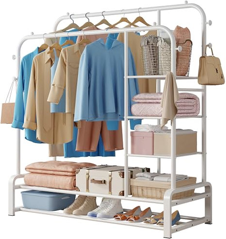 SMILOVII Clothes Rail Heavy Duty, Rails to Hang Clothes, Sturdy Metal clothing Rail 8 Coat Hooks, 3 Storage Shelves & 2 Tier Shoe Rack, Perfect for Bedroom Clothing Rack - White