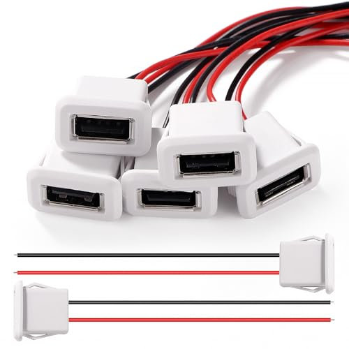 KUOQIY 5 Pièces 3A 2 Broches USB Prise, Connecteur USB Femelle 2 Fils avec Boucle à Rainure à Pression, avec 100mm 22 AWG Câble, Blanc