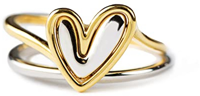 STORYJEWELLERY Heart Ring, Mixed Metal Ring, Two Tone Rings for Women, Dainty Silver and Gold Plated Double Heart Stacking Love Rings, Self Love Gifts for Women, Size 5