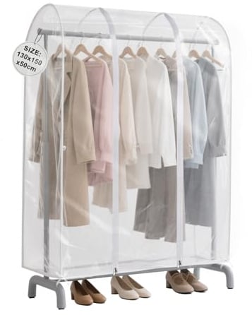 EXLECO Abdeckung für Kleiderständer 130 * 150 * 50 cm Kleiderschutzhülle | Transparent Plastik Staubschutz Abdeckung mit Reissverschlüsse Kleidersäcke Anti-Staub Schutzhülle für Kleiderstange
