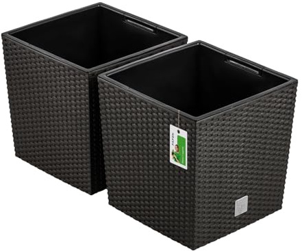 2X Blumentopf Blumenkübel Rattan-Optik 32 Liter - 31,5 x 32,5cm - Pflanzkübel mit Einsatz, Übertopf für Garten, Balkon & Innenbereich, wetterfest, Kunststoff, Umbra