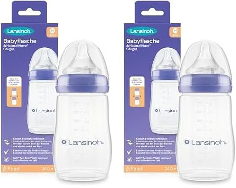 Lansinoh Babyflasche mit NaturalWave Sauger Gr. M, 240 ml - neues kompaktes Design für verbesserte Stabilität - mit stapelbarem Deckel (Packung mit 2)
