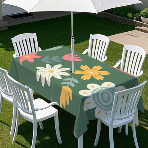 Chickwin Mantel Impermeable Rectangular Mantel Exterior con Agujero para Sombrilla y Cremallera, con Lindo Patrón Floral 3D para Mesas de Jardín, Patio, BBQ, Reuniones (Verde Oscuro 1,260x150cm)