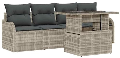 vidaXL 5-teiliges Garten-Sofaset mit Kissen in Hellgrau aus Poly Rattan | Modulares Outdoor-Sitzmöbel für 4 Personen, perfekt für Terrasse oder Balkon, enthält abnehmbare und verstellbare Füße.