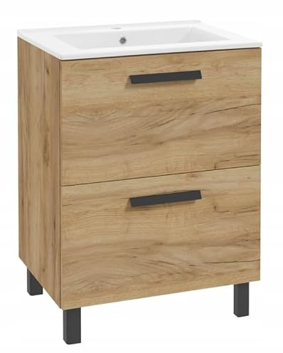 DomoDomo - Waschbeckenunterschrank 60 cm Eiche mit Keramik Waschbecken – Badmöbel Set mit 2 Schubladen Soft Close – Waschtischunterschrank stehend oder wandhängend – Badezimmer Unterschrank Holzoptik
