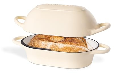Dutch Oven for Sourdough Bread Baking – Enamelled Cast Iron Bread Loaf Pot – Oven Safe Non Stick Bread Pot – Rectangular, Cream, 22cm x 16cm – by Nuovva
