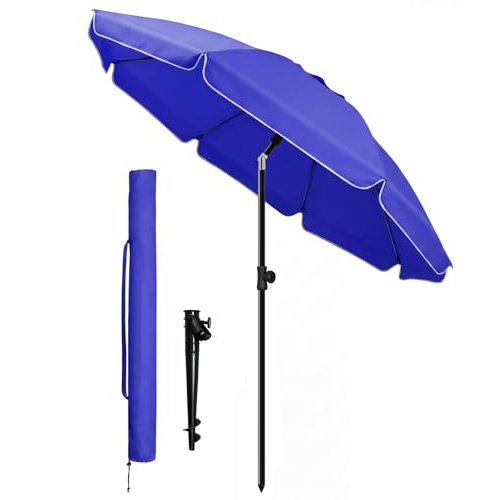 VOUNOT® Sombrilla Playa Grande Ø200cm y Soporte Arena, Mástil Inclinable Altura Regulable Protección UV 50+ Parasol con Techo de Ventilación Bolsa de Transporte para Playa Terraza Balcón Camping Azul