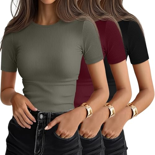 Ficerd - Confezione da 3 Magliette da Donna a Coste in Cotone, a Maniche Corte, con Scollo Rotondo e vestibilità Aderente.(Nero, Verde Fagiolo, Borgogna,M)
