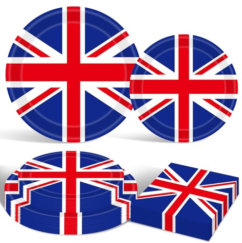 75 Pcs UK Flag Party Supplies Set - Serves 25, British Union Jack Disposable Tableware, Includes Paper Plates and Napkins for Birthday, Sports Events, National Day, and British-Themed Celebrations