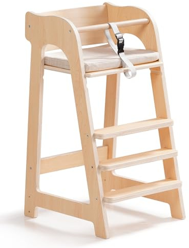 ROBUD Multifunktionaler Holzhochstuhl für Kinder, mit Sicherheitsgurt 6M+ | Abnehmbares Sitzkissen, Fußstütze, verstellbare Sitzhöhe, bis 40 kg belastbar, Babyhochstuhl für Kleinkinder ab 6M