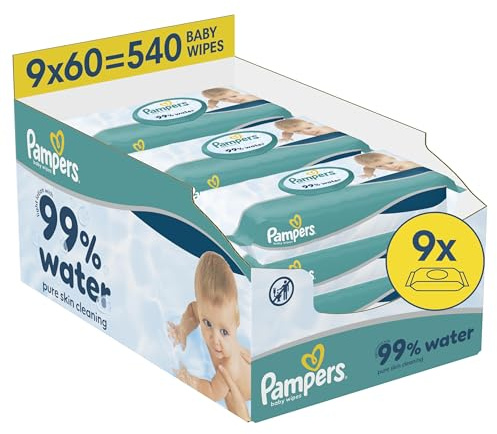 Pampers 99% Water Baby Wipes, 540 Count | 99% Water & 1% pH Balancing Lotion, Helps Restore Natural Skin pH, Approved by Skin Health Alliance Dermatologists